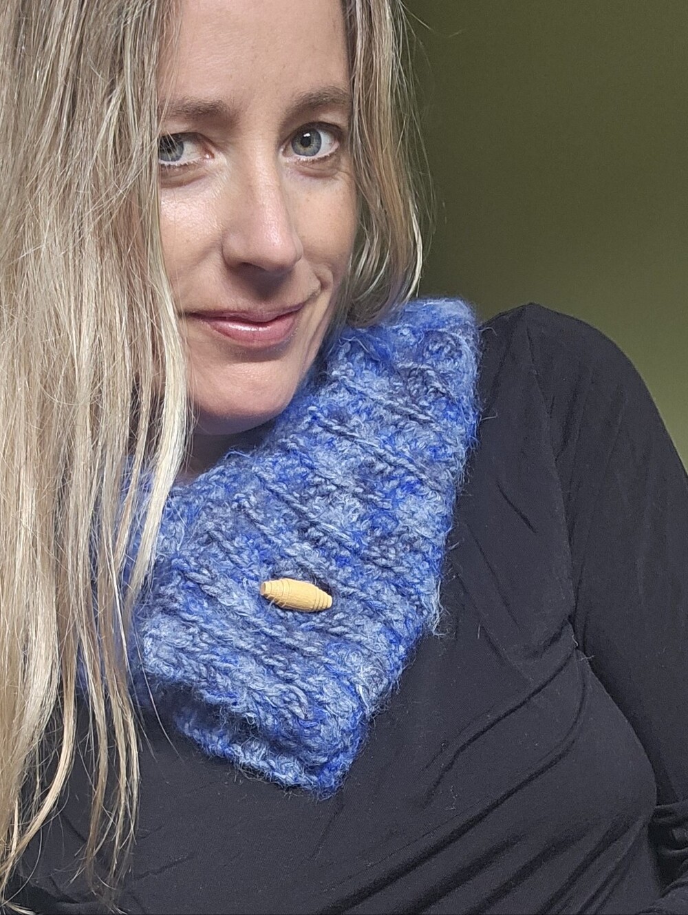 Handmade Blue Knit Scarf with Button Accent - Picture 2 of 3